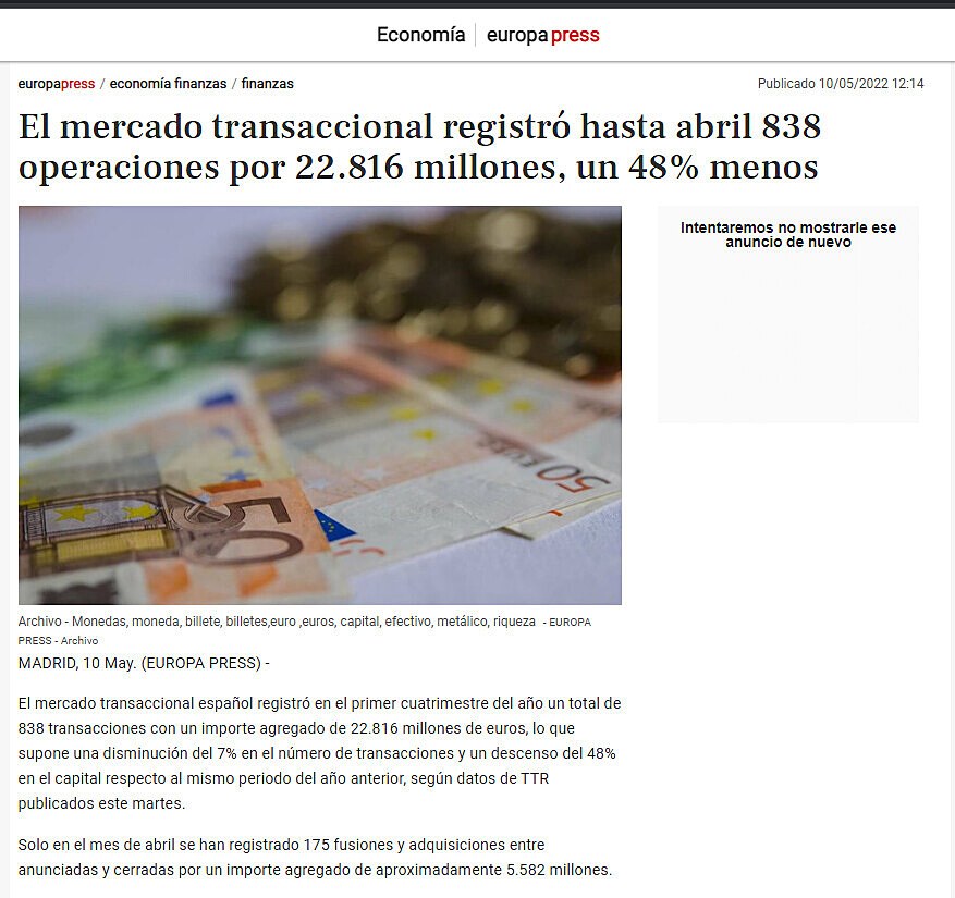 El mercado transaccional registr hasta abril 838 operaciones por 22.816 millones, un 48% menos